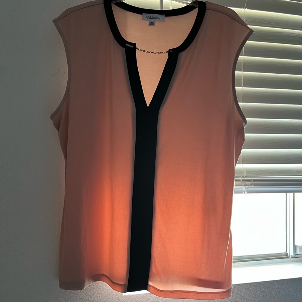 Calvin Klein Women's Blush Sleeveless Blouse with Black Trim